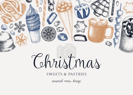 Christmas food background. Christmas market design template. Hand-drawn vector illustration. Hot drinks, candies, cookies, pastries sketches. Winter holiday menu banner. Invitation, Greeting card