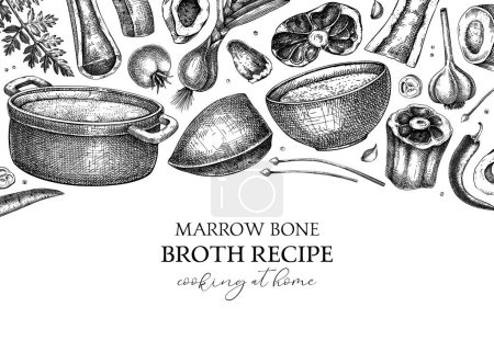 Illustration for Healthy food background. Marrow bone broth frame. Hot soup on plates, pans, bowls, organ meat, vegetables, marrow bones sketches. Hand drawn vector illustrations. Homemade food ingredient - Royalty Free Image