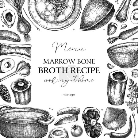 Illustration for Healthy food background. Marrow bone broth frame. Hot soup on plates, pans, bowls, organ meat, vegetables, marrow bones sketches. Hand drawn vector illustrations. Homemade food ingredient - Royalty Free Image