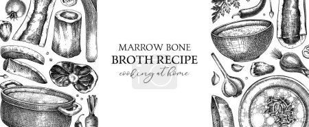 Illustration for Healthy food background. Marrow bone broth banner. Hot soup on plates, pans, bowls, organ meat, vegetables, marrow bones sketches. Hand drawn vector illustrations. Homemade food ingredient - Royalty Free Image