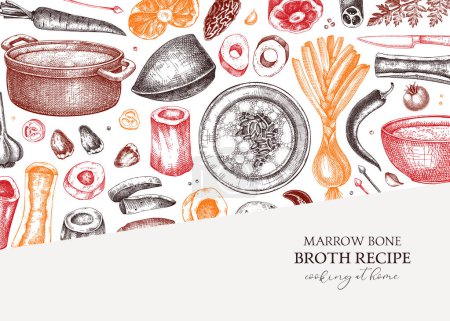 Illustration for Healthy food background. Marrow bone broth banner. Hot soup on plates, pans, bowls, organ meat, vegetables, marrow bones sketches. Hand drawn vector illustrations. Homemade food ingredient - Royalty Free Image