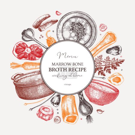 Illustration for Healthy food background. Marrow bone broth wreath. Hot soup on plates, pans, bowls, organ meat, vegetables, marrow bones sketches. Hand drawn vector illustrations. Homemade food ingredient - Royalty Free Image