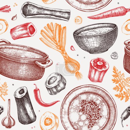Illustration for Healthy food background. Marrow bone broth, hot soup served on plates, pans, bowls, vegetables, organ meat, marrow bones sketches. Hand drawn vector illustrations. Homemade food seamless pattern - Royalty Free Image