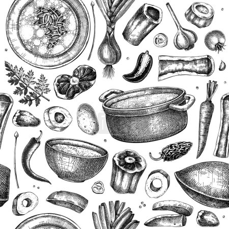 Healthy food set. Marrow bone broth, hot soup served on plates, pans, bowls, vegetables, organ meat, marrow bones sketches. Hand drawn vector illustrations. Homemade food menu design elements