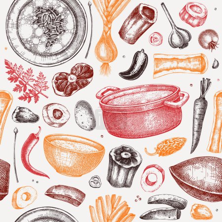 Healthy food background. Marrow bone broth, hot soup served on plates, pans, bowls, vegetables, organ meat, marrow bones sketches. Hand drawn vector illustrations. Homemade food seamless pattern