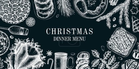 Illustration for Christmas food background. Family dinner. Winter holiday menu. Traditional food design elements. Food and drink sketches set. Hand drawn vector illustration. Vintage banner template - Royalty Free Image
