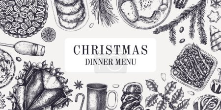 Illustration for Christmas food background. Family dinner. Winter holiday menu. Traditional food design elements. Food and drink sketches set. Hand drawn vector illustration. Vintage banner template - Royalty Free Image