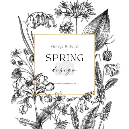 Spring wreath design. Wildflower sketches Floral cards, wedding invitations, wild flower background. Hand-drawn vector illustration, NOT AI-generated