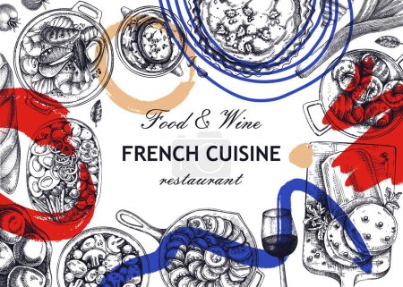 Französisches Rahmendesign im Collage-Stil. Vintage Food und Wein Sketche. Restaurantkarte. Frankreich im Hintergrund. Handgezeichnete Vektor-Illustration, NICHT generierte KI
