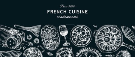 Französische Küche Restaurant Banner. Traditionelle Speisen aus Frankreich werden auf Kreidetafeln skizziert. Europäische Lebensmittel Hintergrund, Menü-Design-Vorlage. Handgezeichnete Vektorillustration, NICHT generierte KI