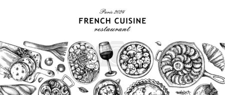Französisch Essen Hintergrund. Traditionelle Speisen aus Frankreich werden skizziert. Designvorlage für die Speisekarte eines europäischen Restaurants. Handgezeichnete Vektor-Illustration, NICHT generierte KI