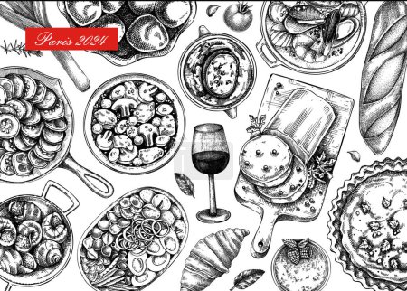 Französisch Essen Hintergrund. Vintage Food und Wein Sketche. Europäische Küche Restaurant Menüvorlage. Frankreich-Design. Handgezeichnete Vektor-Illustration, NICHT generierte KI