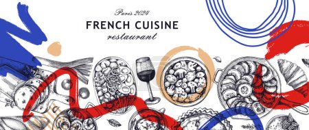 Französisch Essen Hintergrund in Collage-Stil. Traditionelle Speisen aus Frankreich werden skizziert. Designvorlage für die Speisekarte eines europäischen Restaurants. Handgezeichnete Vektor-Illustration, NICHT generierte KI