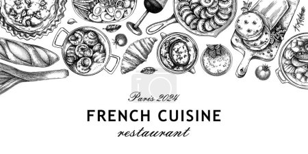 Französisches Food Banner Design. Vintage Food und Wein Sketche. Europäische Küche Restaurant Menüvorlage. Frankreich im Hintergrund. Handgezeichnete Vektor-Illustration, NICHT generierte KI