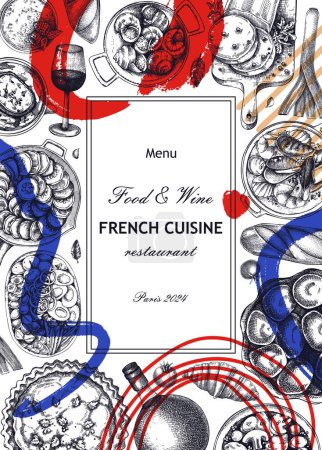 Ilustración de Diseño de marco de comida francesa estilo collage. Comida vintage y bocetos de vino. Menú de restaurante abstracto. Fondo de Francia. Ilustración vectorial dibujada a mano, NO generada por IA - Imagen libre de derechos
