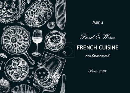 Designvorlage für französische Restaurantmenüs auf der Tafel. Frankreich Essen und Wein aus Skizzen. Europäische Lebensmittel Vintage Hintergrund. Handgezeichnete Vektor-Illustration, NICHT generierte KI