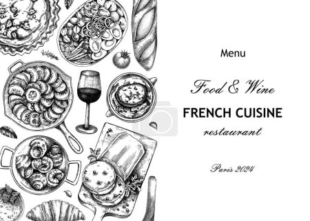 Ilustración de Plantilla de diseño de menú restaurante francés. Francia comida y vino de bocetos. Fondo alimentario europeo. Ilustración vectorial dibujada a mano, NO generada por IA - Imagen libre de derechos