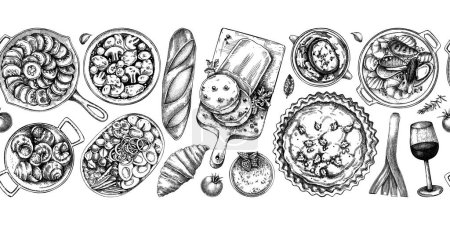 Französische Küche Gerichte Vintage Zeichnungen Sammlung. Traditionelle Speisen aus Frankreich werden skizziert. Designelemente französischer Restaurantmenüs. Handgezeichnete Illustration von Lebensmitteln, NICHT generierte KI