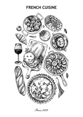 Ilustración de Cartel de comida francesa. Comida vintage y bocetos de vino. Diseño de menú de restaurante europeo. Fondo de Francia. Ilustración vectorial dibujada a mano, NO generada por IA - Imagen libre de derechos