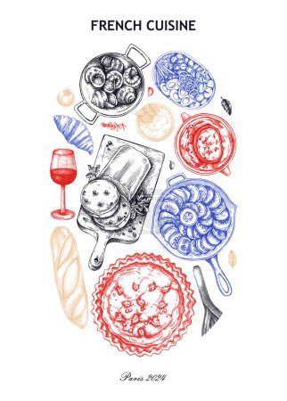 Ilustración de Cartel de comida francesa. Comida vintage y bocetos de vino. Diseño de menú de restaurante europeo. Fondo de Francia. Ilustración vectorial dibujada a mano, NO generada por IA - Imagen libre de derechos