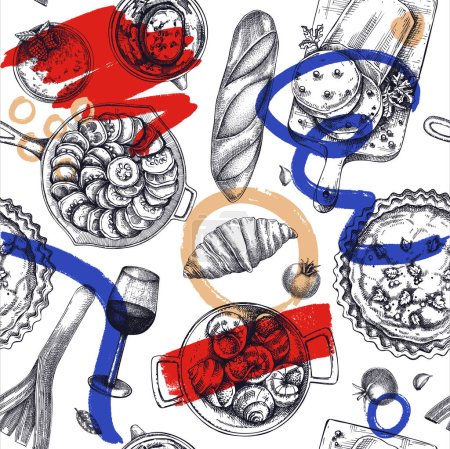 Nahtloses französisches Essen. Vintage Food und Wein Sketche. Gestaltung der Speisekarte eines europäischen Restaurants. Frankreich-Hintergrund im Collage-Stil. Handgezeichnete Vektor-Illustration, NICHT generierte KI
