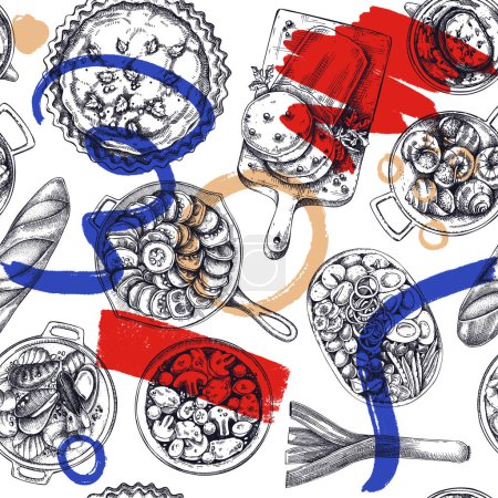 French food seamless pattern. Vintage food and wine sketches. European restaurant menu design. Collage-style France background. Hand-drawn vector illustration, NOT AI generated