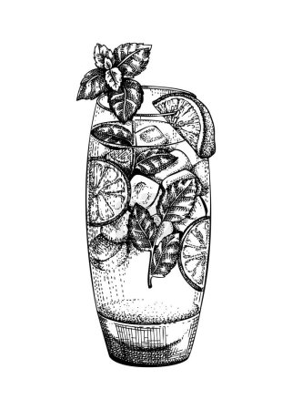 Mojito-Mocktail-Sketch. Virgin Mojito handgezeichnete Vektorillustration. Alkoholfreier Cocktail mit Limetten- und Minzzeichnung in graviertem Stil. Bar-Menü-Design-Element. Keine künstliche Intelligenz