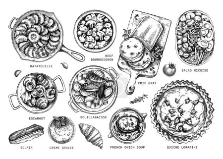 Cocina francesa platos colección de dibujos vintage. Conjunto de bocetos tradicionales de Francia. Elementos de diseño de menú de restaurante francés. Ilustración de alimentos elaborados a mano, NO generada por IA