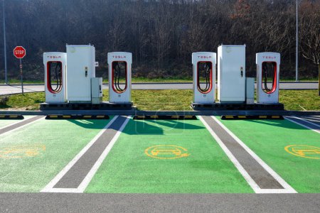 Photo for Tesla Supercharger charging station. Belgrade, Serbia - February 2023 - Royalty Free Image