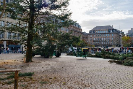 Photo for Strasbourg, France - Oct 28, 2022: Installation of annual Christmas tree in central Strasbourg, Place Kleber - due to the energy crisis, the city is doing without half of the previous lights this year - Royalty Free Image