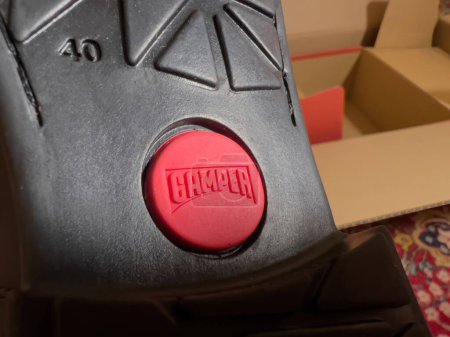 Foto de London, October 20, 2022: Macro the Logotype of the sole of new brand modern Camper leather shoes - manufactured by footwear company with headquarters in Mallorca, Spain - Imagen libre de derechos