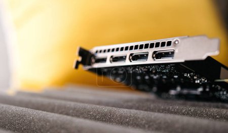 Photo for Display Port connections on a new video GPU card professional device for architects, videographers, vr artists - Royalty Free Image