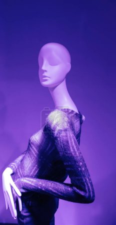 Téléchargez les photos : Mannequin wearing a luxury wool dress seen through the window - elegance at superlative blue color cast tone - en image libre de droit