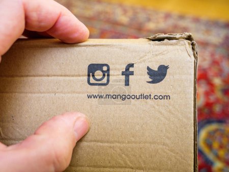 Téléchargez les photos : Paris, France - Dec 2, 2022: Instagram Facebook and Twitter logotype on a recycled cardboard parcel delivery - social network advertised on the unbranded package - en image libre de droit