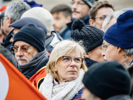 Photo for Strasbourg, France - 31 January 2023: Senior Frensh woman at second demonstration against the new pension reform to be presented next month by French Prime Minister Elisabeth Borne - Royalty Free Image