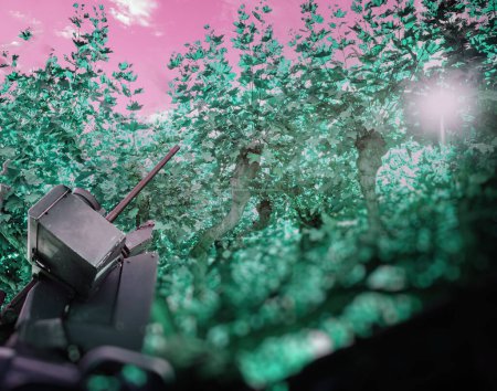 Téléchargez les photos : Military imagery with rifle pointed to the sky near a platanus tree top of Armored Infantry Fighting Vehicle cyan abstract background - en image libre de droit