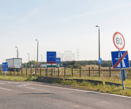 Foto de Entering Magyarorszag Hungary border signage inside EU flag street sign - crossing border inside Schengen Area - Imagen libre de derechos