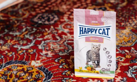 Téléchargez les photos : Paris, France - 16 déc. 2022 : Forfait ouvert avec nourriture sèche pour chat Happy Cat Junior sur le tapis de soie dans le salon - vue surélevée - en image libre de droit