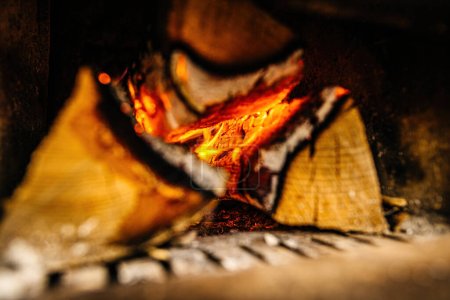 Foto de Primer plano de la quema de leña dentro de kachelofen negro calefacción de la casa durante el aumento de los precios del gas - Imagen libre de derechos