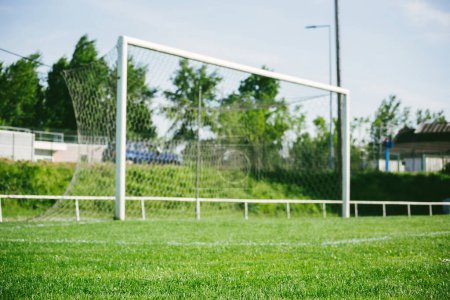 Photo for The sunlight illuminates the lush grass on a soccer field, with a defocused gate in the background. A perfect representation of achievement and team spirit - Royalty Free Image