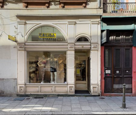 Strasbourg, France - Sep 21, 2022: Strasbourgs street view is filled with beautiful architecture the entrance of a leading Swiss lingerie companys store Calida stands out on a pedestrian street