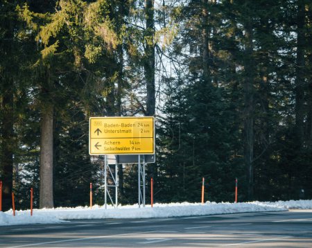 Foto de Un frío día de invierno en la Selva Negra de Alemania una señal de tráfico solitario entre nieve, plantas y árboles que apuntan a varios destinos en escritura occidental. - Imagen libre de derechos
