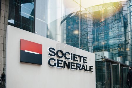 Photo for Paris, France - Dec 3, 2014: This photo shows the impressive exterior of a state-of-the-art office building in Paris La Defense business district, featuring glass and Societe Generale bank signage. - Royalty Free Image