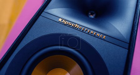 Photo for New York, USA - Apr 18, 2023: Klipsch R-50M bookshelf speakers provide a powerful, high-end sound perfect for any music lover. With modern design and luxury features, these affordable audio systems - Royalty Free Image
