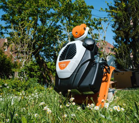 Photo for Frankfurt, Germany - May 3, 2023: Hero object of the new Stihl tiller model MH 585 a versatile multi-purpose machine ideal for medium-sized plots of land and larger garden patches - Royalty Free Image