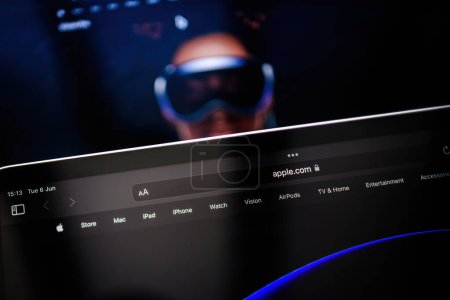 Photo for Paris, France - Jun 6, 2023: Close-up of webpage of Apple on iPad Pro XR showcasing Apple Vision Pro mixed reality XR headset. Priced 3,499 USD - future of computing - Royalty Free Image