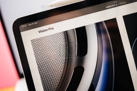 Photo for Paris, France - Jun 6, 2023: Industrial design solutions on the webpage of Apple on iPad Pro showcasing Apple Vision Pro mixed reality XR headset. Priced 3,499 USD - future of computing - Royalty Free Image
