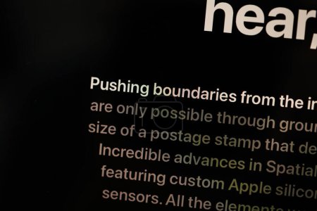 Photo for Paris, France - Jun 6, 2023: Pushing boundaries from the inside out text on the iPad Pro showcasing Apple Vision Pro mixed reality XR headset. Priced 3,499 USD - future of computing - Royalty Free Image