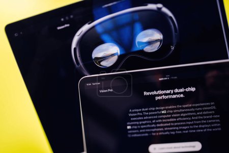 Photo for Paris, France - Jun 6, 2023: Revolutionary dual chip performance description on the Apple Vision Pro mixed reality XR headset. Priced 3,499 USD - future of computing - Royalty Free Image