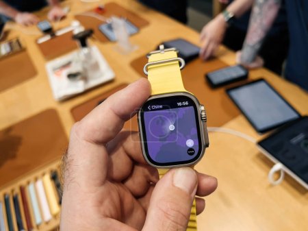 Photo for Paris, France - Sep 23, 2022: Maps app on the display of watch - Apple Store first day of sale for new titanium Apple Watch Ultra designed for extreme activities like endurance sports, elite athletes - Royalty Free Image